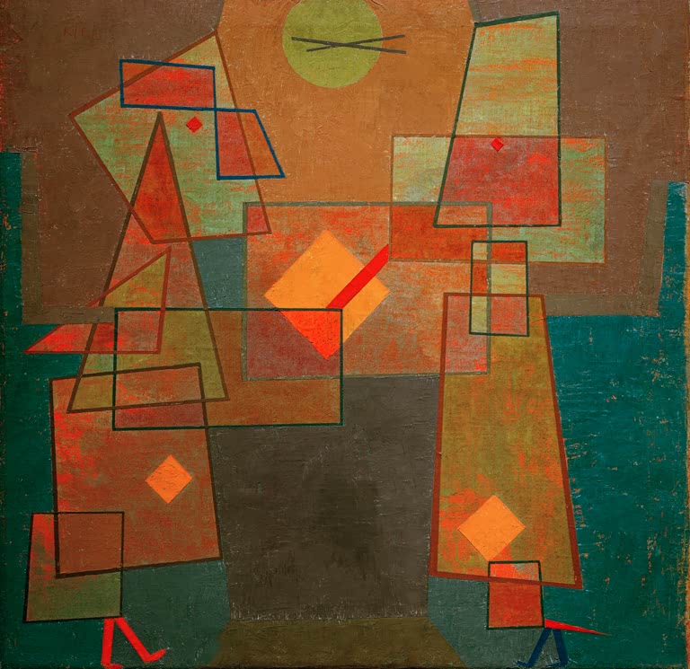 Kunstdruck von „Disput“ von Paul Klee mit abstrakter Komposition und symbolischen Formen in charakteristischer Farbgestaltung.