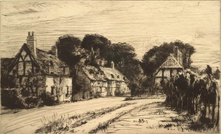 Kunstdruck „Dorfansicht“ von Arthur Paine Garratt mit Häusern und ländlicher Landschaft