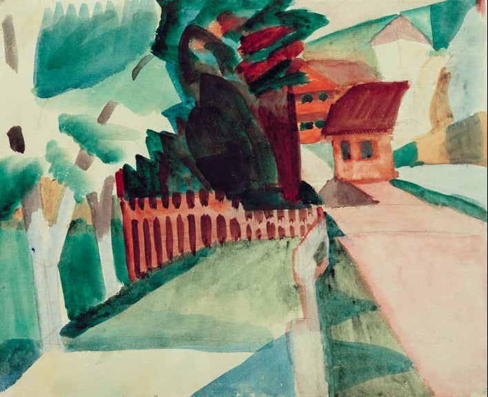 Kunstdruck des Gemäldes „Dorfstraße“ von August Macke. Hochwertig in Deutschland von Hand gefertigt, erhältlich als Poster oder Leinwand und optional gerahmt.
