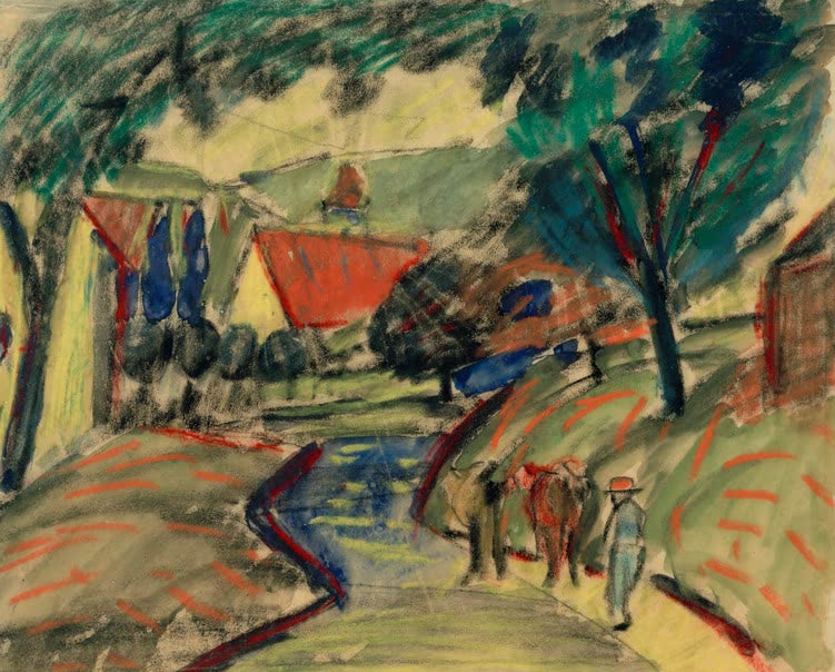 Kunstdruck des Gemäldes „Dorfstraße in Kandern II“ von August Macke. Hochwertig in Deutschland von Hand gefertigt, erhältlich als Poster oder Leinwand und optional gerahmt.