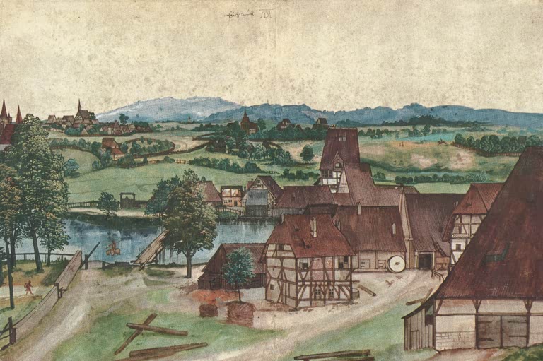 Kunstdruck des Gemäldes „Drahtziehermühle“ von Albrecht Dürer in hochwertiger Druckqualität. Erhältlich als Poster oder auf Leinwand, optional auch gerahmt.
