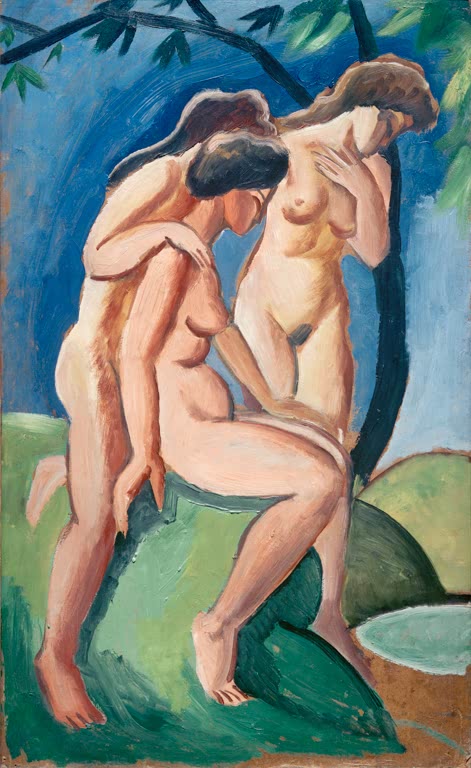 Kunstdruck des Gemäldes „Drei Akte“ von August Macke. Hochwertig in Deutschland von Hand gefertigt, erhältlich als Poster oder Leinwand und optional gerahmt.