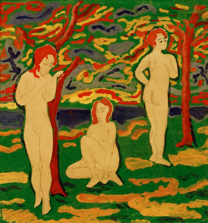 Kunstdruck des Gemäldes „Drei Akte im Grünen“ von August Macke. Hochwertig in Deutschland von Hand gefertigt, erhältlich als Poster oder Leinwand und optional gerahmt.