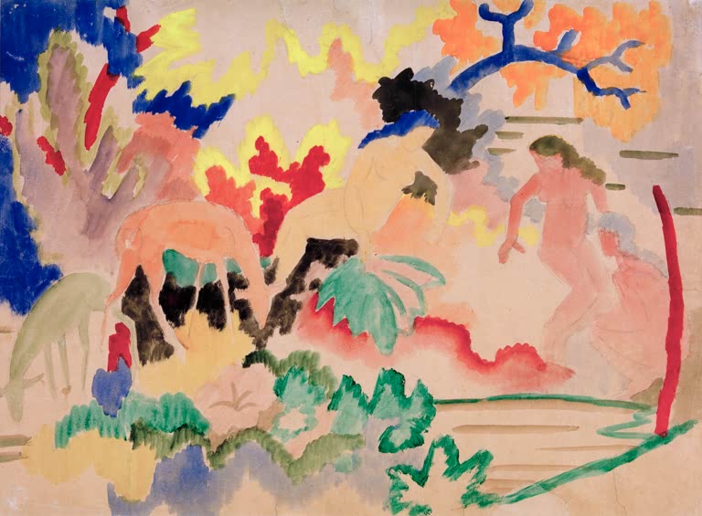 Kunstdruck des Gemäldes „Drei Akte mit Rehen am Wasser“ von August Macke. Hochwertig in Deutschland von Hand gefertigt, erhältlich als Poster oder Leinwand und optional gerahmt.