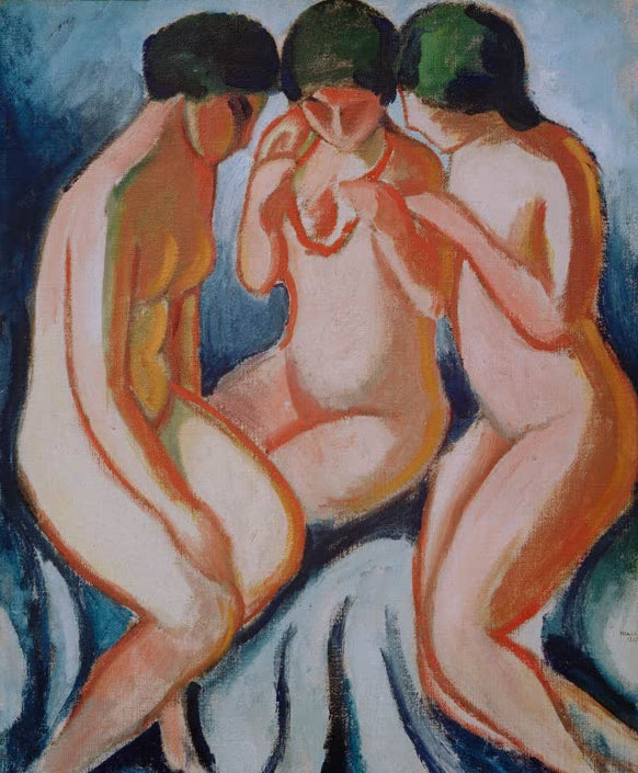 Kunstdruck des Gemäldes „Drei Akte mit blauem Hintergrund“ von August Macke. Hochwertig in Deutschland von Hand gefertigt, erhältlich als Leinwand oder Poster und optional gerahmt.