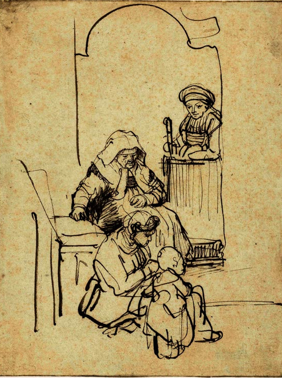 Kunstdruck „Drei Frauen und ein Kind an einer Tür“ von Rembrandt van Rijn