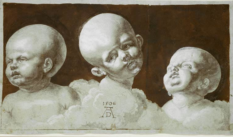 Kunstdruck des Gemäldes „Drei Kinderköpfe“ von Albrecht Dürer in hochwertiger Druckqualität. Erhältlich als Poster oder auf Leinwand, optional auch gerahmt.