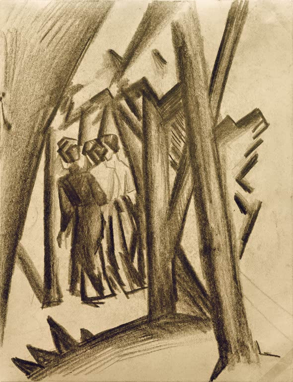 Kunstdruck des Gemäldes „Drei Mädchen im Wald“ von August Macke. Hochwertig in Deutschland von Hand gefertigt, erhältlich als Poster oder Leinwand und optional gerahmt.