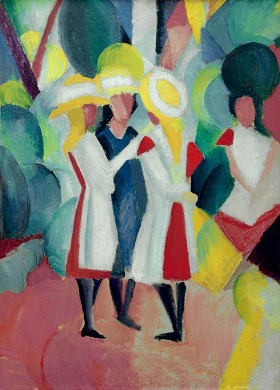 Kunstdruck des Gemäldes „Drei Mädchen mit gelben Strohhüten I“ von August Macke. Hochwertig in Deutschland von Hand gefertigt, erhältlich als Poster oder Leinwand und optional gerahmt.