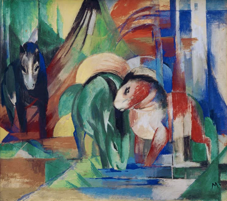 Kunstdruck des Gemäldes „Drei Pferde an der Tränke“ von Franz Marc. Hochwertig in Deutschland von Hand gefertigt, erhältlich als Poster oder Leinwand und optional gerahmt.