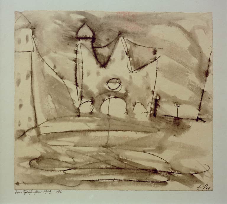 Kunstdruck von „Drei Schaufenster“ von Paul Klee mit geometrischer Komposition und abstrakter Darstellung architektonischer Formen.