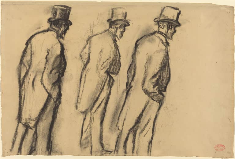 Kunstdruck des Gemäldes Drei Studien des stehenden Ludovic Halévy von Edgar Degas mit drei Studien des Schriftstellers Ludovic Halévy in stehender Haltung.