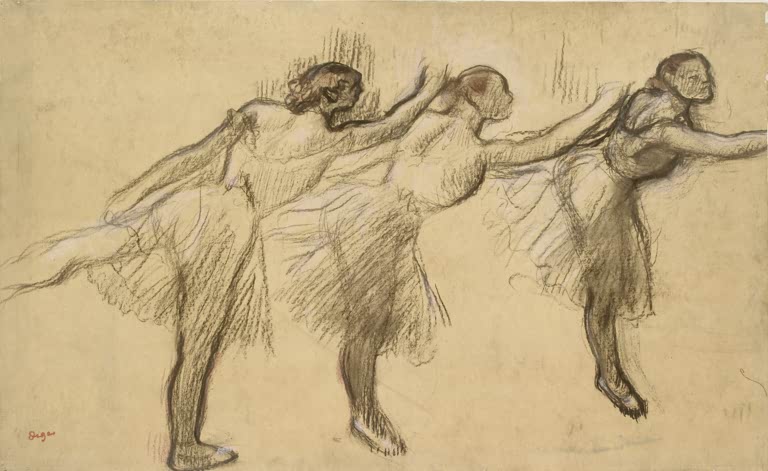 Kunstdruck des Gemäldes Drei Studien einer Ballerina von Edgar Degas mit drei Darstellungen einer Balletttänzerin in verschiedenen Posen.