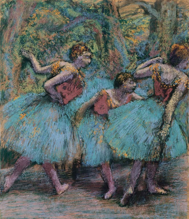 Kunstdruck des Gemäldes Drei Tänzerinnen von Edgar Degas mit drei Balletttänzerinnen in einer Tanzszene.