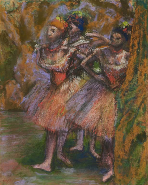Kunstdruck des Gemäldes Drei Tänzerinnen von Edgar Degas mit drei Balletttänzerinnen in einer eleganten Tanzszene.