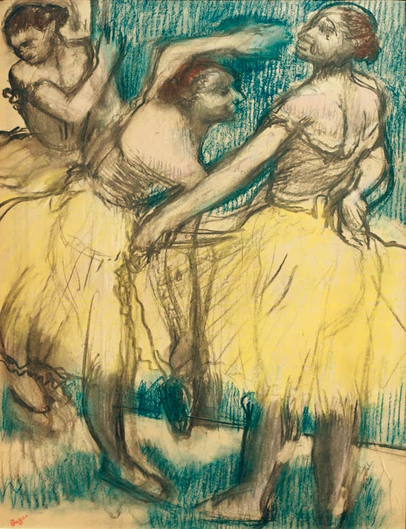 Kunstdruck von „Drei Tänzerinnen in Gelb“ von Edgar Degas, handgefertigt in Deutschland als Leinwand oder Poster erhältlich