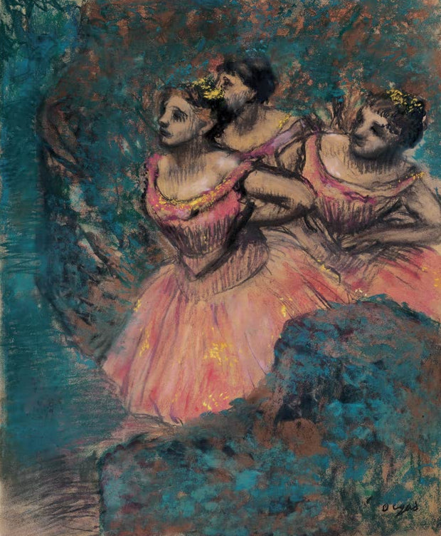 Kunstdruck des Gemäldes Drei Tänzerinnen in rotem Kostüm von Edgar Degas mit drei Balletttänzerinnen in roten Kostümen.