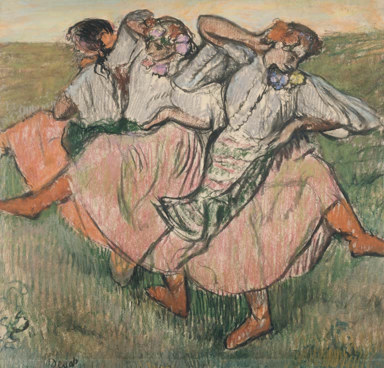 Kunstdruck des Gemäldes Drei Tänzerinnen in ukrainischer Tracht von Edgar Degas mit drei Tänzerinnen in traditioneller ukrainischer Tracht.