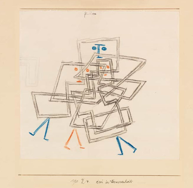Kunstdruck „Drei in Verworrenheit“ von Paul Klee mit abstrakter Komposition aus drei verschlungenen Figuren und Linien


