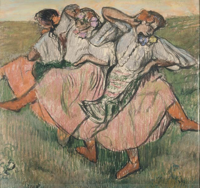 Kunstdruck des Gemäldes Drei russische Tänzerinnen von Edgar Degas mit drei Tänzerinnen in farbenfrohen russischen Trachten.