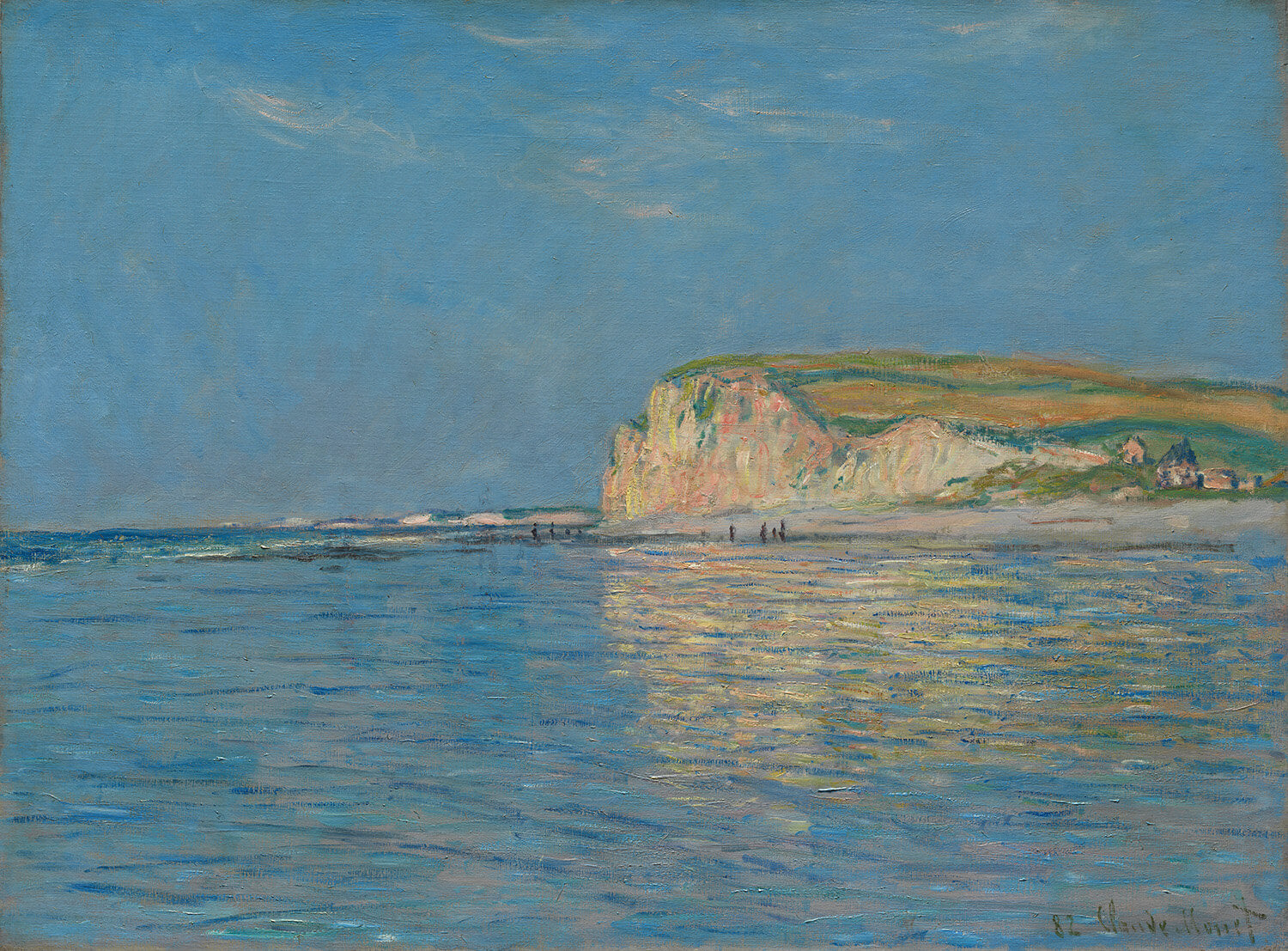Das Gemälde "Ebbe bei Pourville, in der Nähe von Dieppe, 1882" von Claude Monet zeigt eine Küstenlandschaft bei Ebbe. Das ruhige Meer und die Felsen sind in sanften, pastelligen Farben gehalten, während der Himmel in einem weichen Blau erstrahlt. Die weite, offene Landschaft vermittelt ein Gefühl von Ruhe und Unendlichkeit.