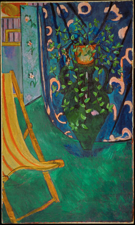 Interieur-Szene von Henri Matisse: Ecke eines Künstlerateliers mit dekorativen Elementen, gemalt 1912 in leuchtenden Farben der klassischen Moderne.
