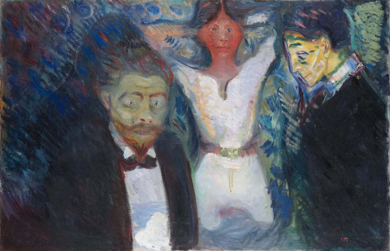Dramatische Szene mit ausdrucksstarken Figuren, die Eifersucht und emotionale Spannung darstellen, gemalt von Edvard Munch.