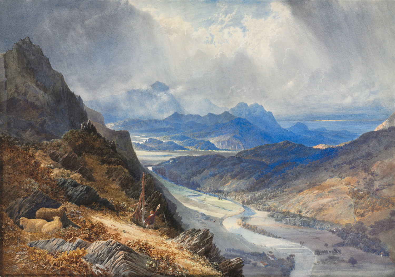 Ein Landschaftsgemälde von William Turner: Blick über das Tal von Afon Mawddach mit Cader Idris im Hintergrund, in sanften Blau- und Grüntönen.