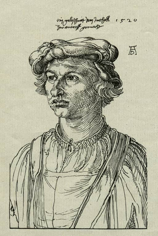 Kunstdruck von „Ein Goldschmied aus Mecheln“ von Albrecht Dürer. Detailreiches Renaissance-Porträt eines Goldschmieds mit feiner Linienführung, in Deutschland handgefertigt.