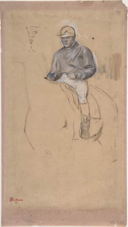 Kunstdruck des Gemäldes Ein Jockey auf seinem Pferd von Edgar Degas mit einem Jockey auf einem Pferd während einer Reitszene.