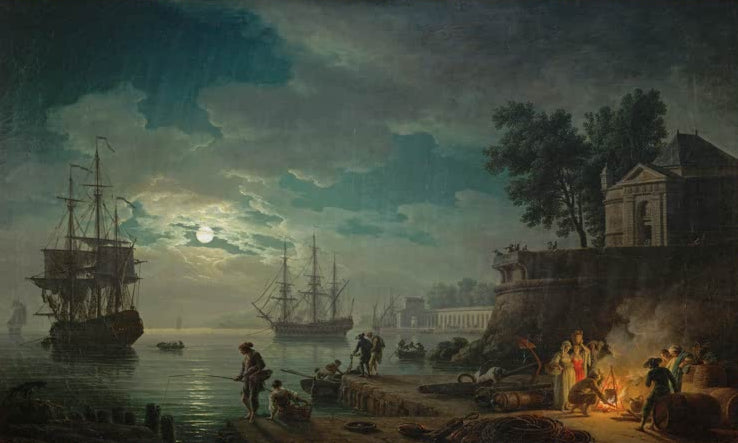 Kunstdruck „Ein Seehafen im Mondschein“ von Claude Joseph Vernet mit nächtlicher Hafenszene und stimmungsvollem Mondlicht