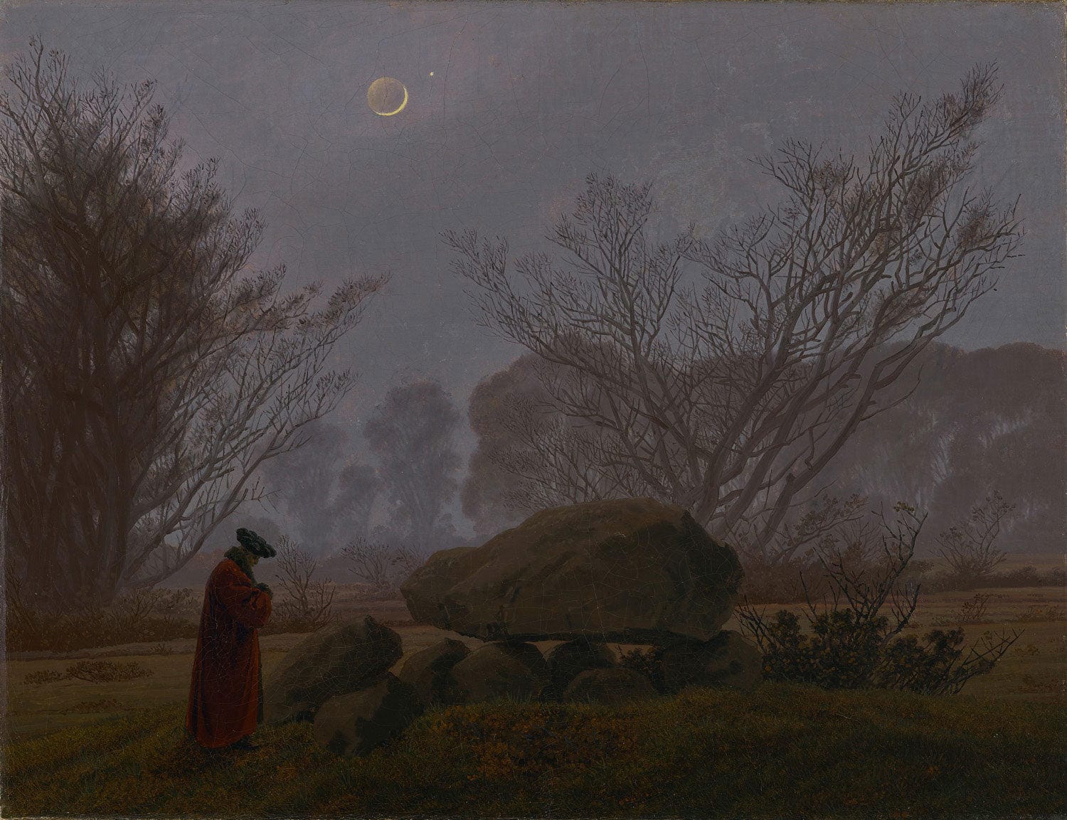 Caspar David Friedrich Gemälde „Ein Spaziergang in der Dämmerung“ – stimmungsvolle Landschaft mit zwei Figuren im Zwielicht romantischer Natur.