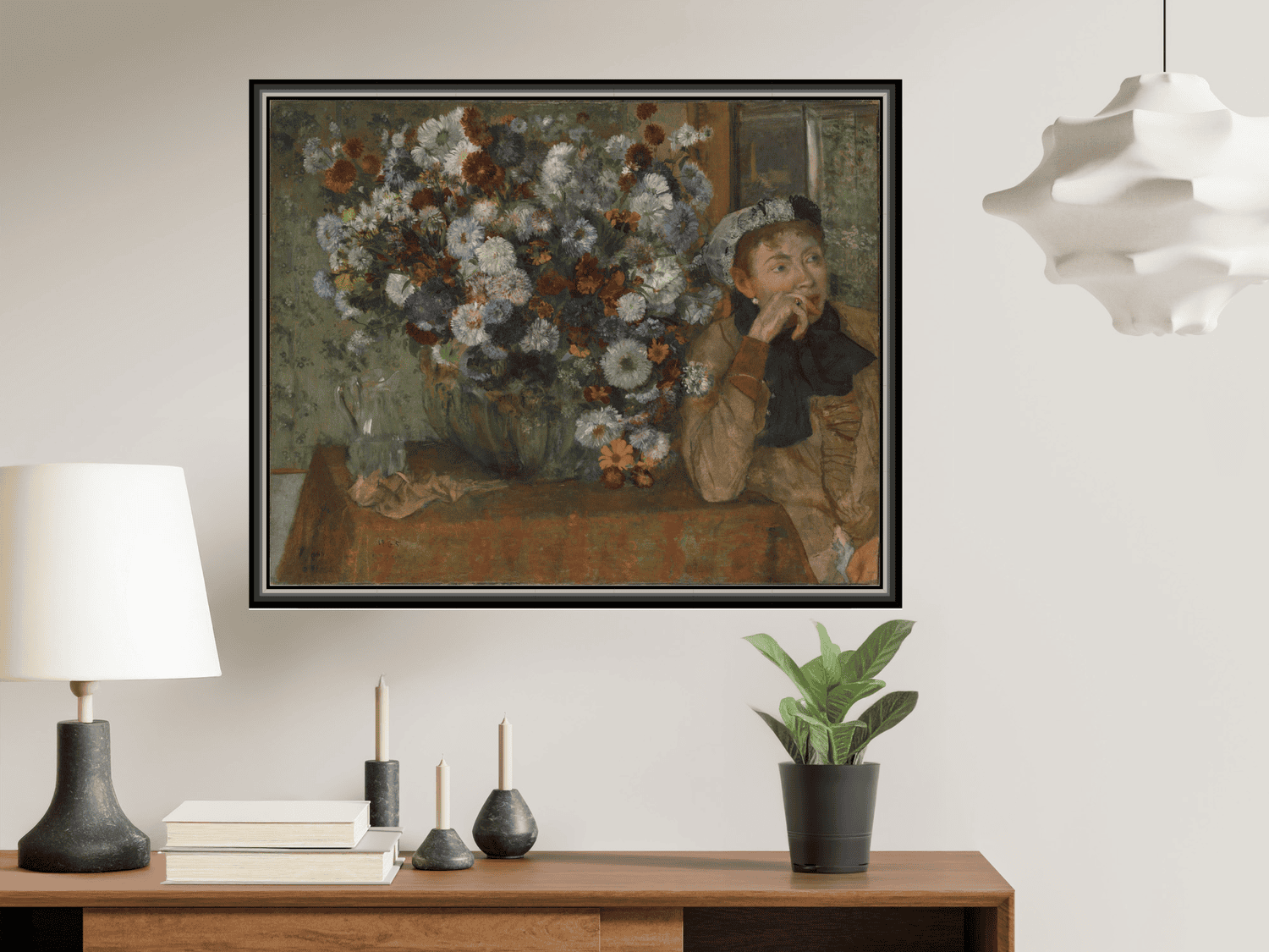 Eine Frau sitzt neben einer Vase mit Blumen (Madame Paul Valpinçon?) | Edgar Degas