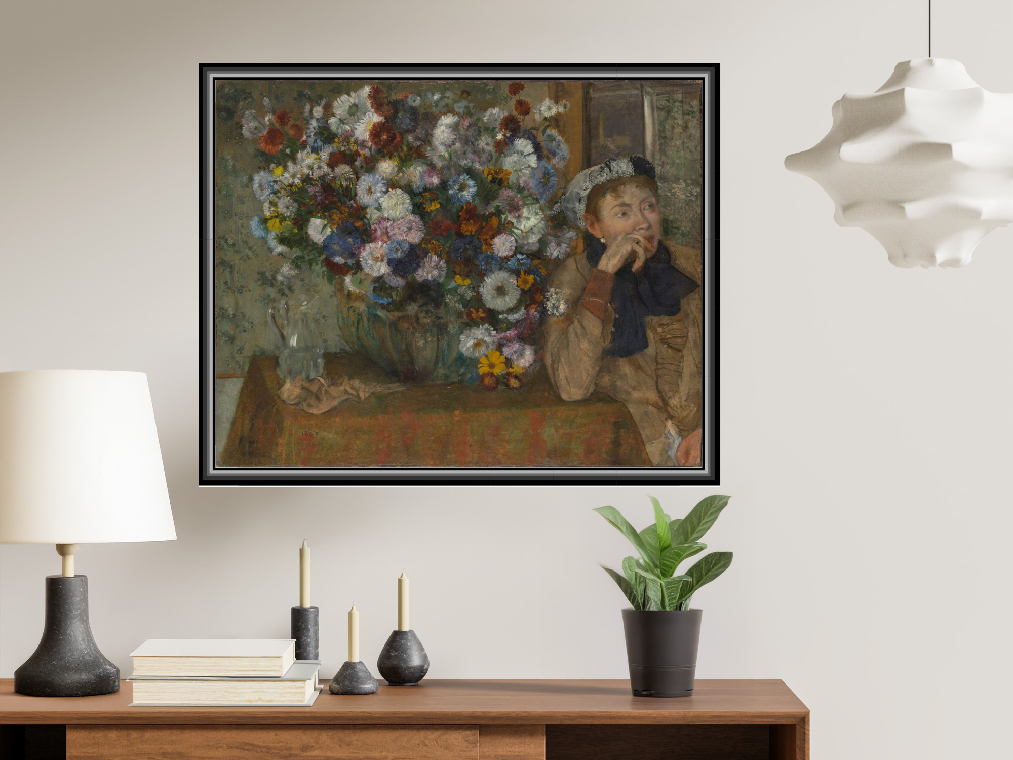 Eine Frau sitzt neben einer Vase mit Blumen (Madame Paul Valpinçon?) | Edgar Degas