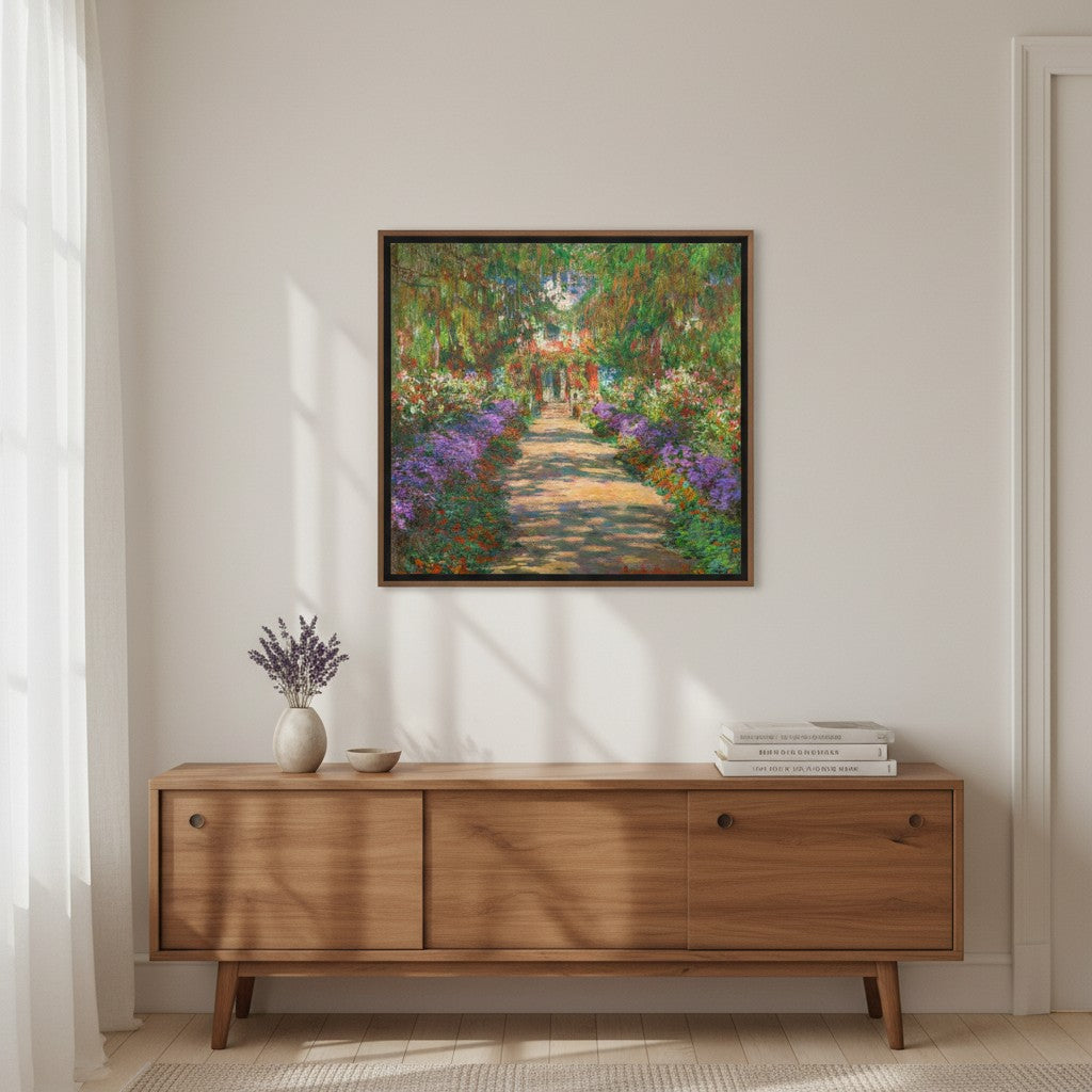 Eine Allee in Monets Garten in Giverny Claude Monet über einem Sideboard hängend an der Wand auf Leinwand in Schattenfugenrahmen als Wanddekoration 