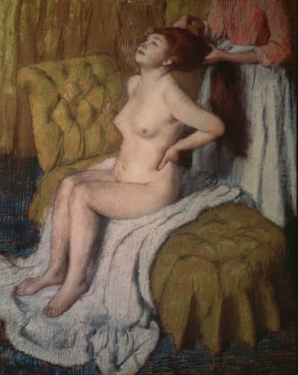 Kunstdruck von „Eine Frau lässt sich kämmen“ von Edgar Degas, handgefertigt in Deutschland als Leinwand oder Poster erhältlich