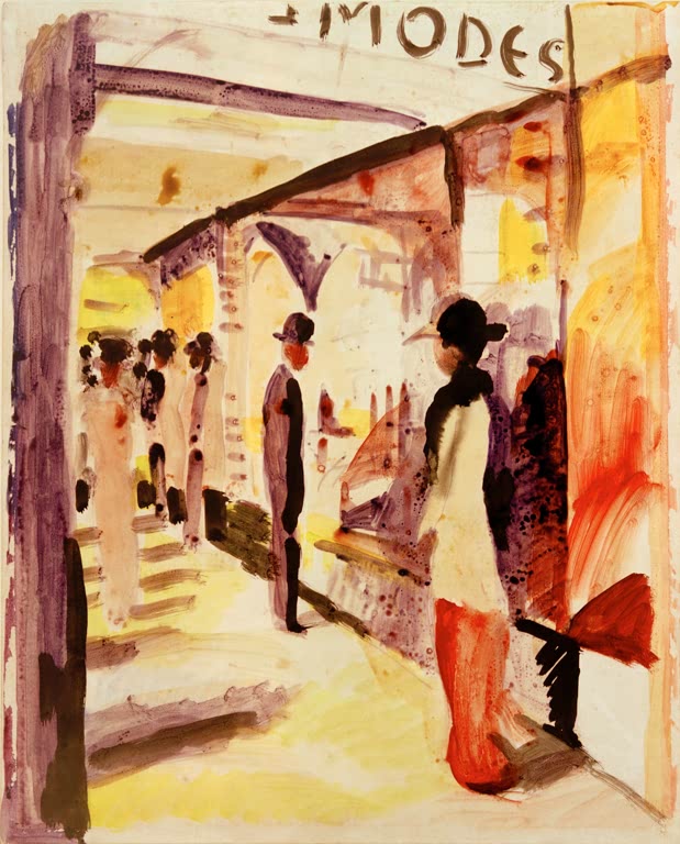 Kunstdruck des Gemäldes „Eine Ladenstraße unter Lauben“ von August Macke. Hochwertig in Deutschland von Hand gefertigt, erhältlich als Poster oder Leinwand und optional gerahmt.