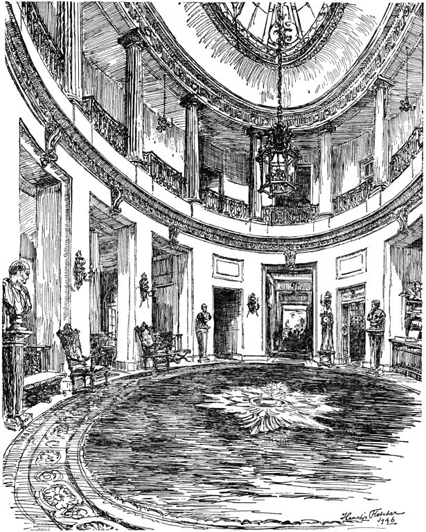 Kunstdruck „Eingangshalle des Klubhauses des Royal Automobile Club, Pall Mall, London“ von Hanslip Fletcher mit eleganter historischer Eingangshalle
