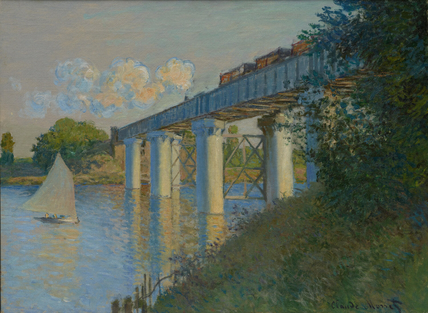Impressionistische Darstellung der Eisenbahnbrücke von Argenteuil über die Seine, mit vorbeifahrendem Zug und Rauchwolken, reflektiert im Wasser, gemalt von Claude Monet.