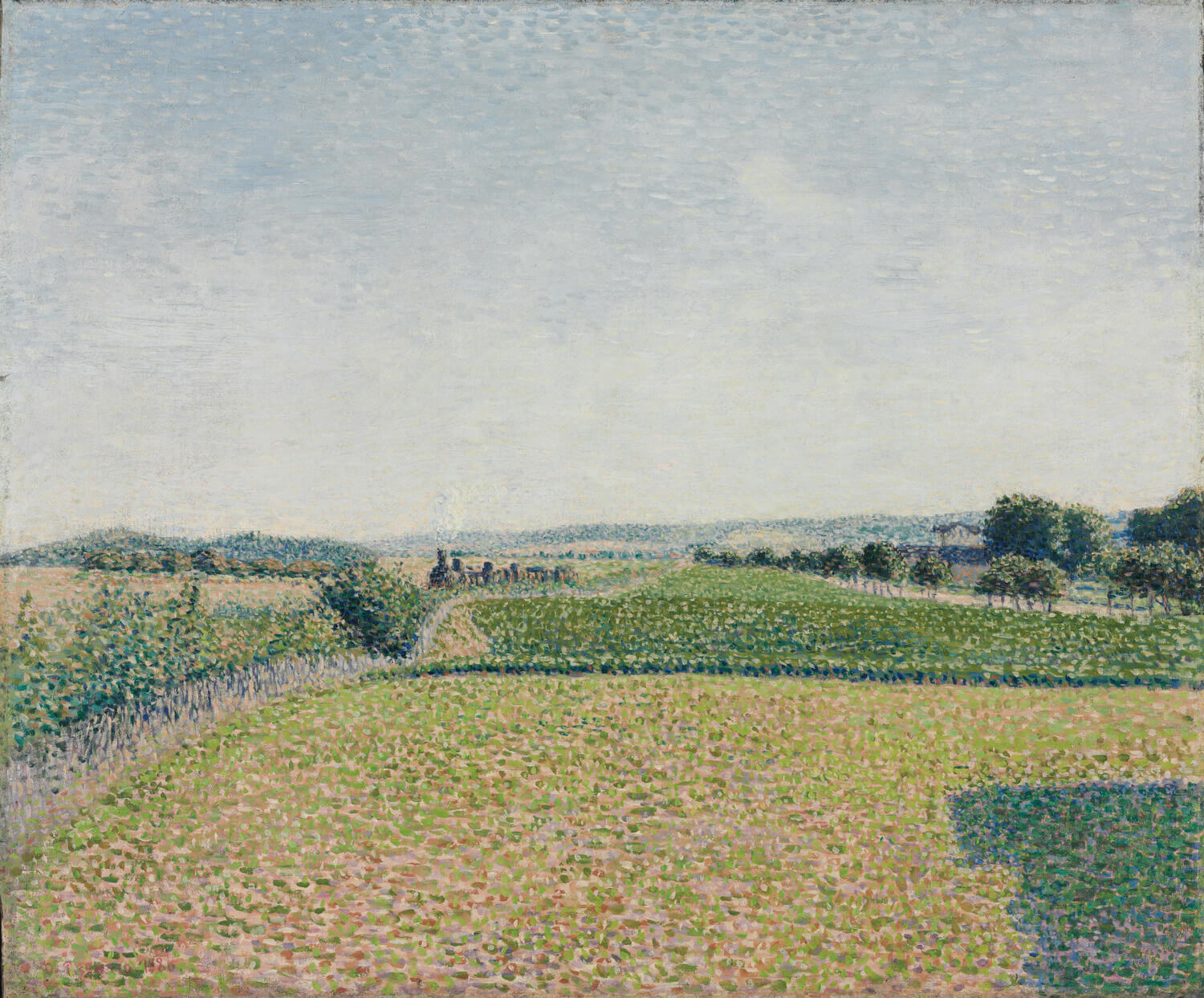 Das Gemälde "Eisenbahn nach Dieppe" von Camille Pissarro zeigt eine impressionistische Szene mit einer Eisenbahnlinie, die sich durch eine ländliche Landschaft schlängelt. Sanfte Farbnuancen und lebendige Lichtspiele spiegeln das moderne Leben des 19. Jahrhunderts wider.