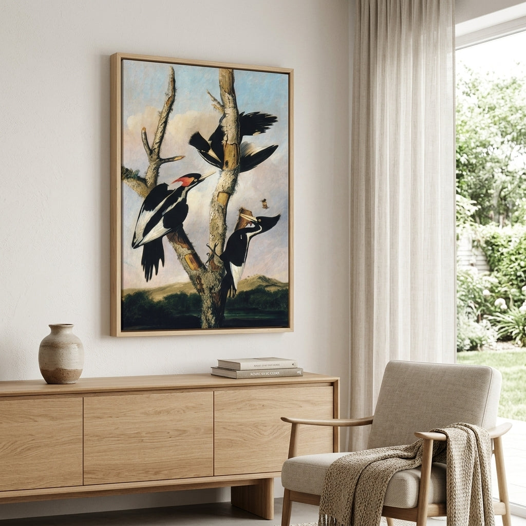 Kunstdruck Elfenbeinspechte von Joseph Bartholomew Kidd mit drei Spechten am Baum Emotion an der Wand hängend auf Leinwand gezogen