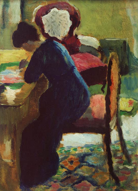 Kunstdruck des Gemäldes „Elisabeth am Schreibtisch“ von August Macke. Hochwertig in Deutschland von Hand gefertigt, erhältlich als Poster oder Leinwand und optional gerahmt.