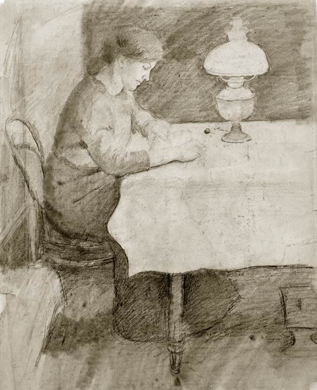 Kunstdruck des Gemäldes „Elisabeth bei der Petroleumlampe“ von August Macke. Hochwertig in Deutschland von Hand gefertigt, erhältlich als Leinwand oder Poster und optional gerahmt.