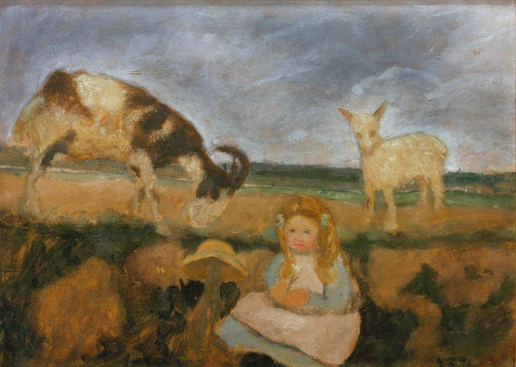 Kunstdruck von „Elsbeth mit Ziegen“ von Paula Modersohn-Becker. Ausdrucksstarke Darstellung eines Mädchens mit Ziegen in ländlicher Umgebung, in Deutschland handgefertigt.