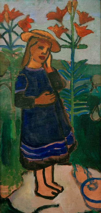 Kunstdruck von „Elsbeth zwischen Feuerlilien“ von Paula Modersohn-Becker. Ausdrucksstarke Darstellung eines Mädchens inmitten von Blumen mit charakteristischer Farbgebung, in Deutschland