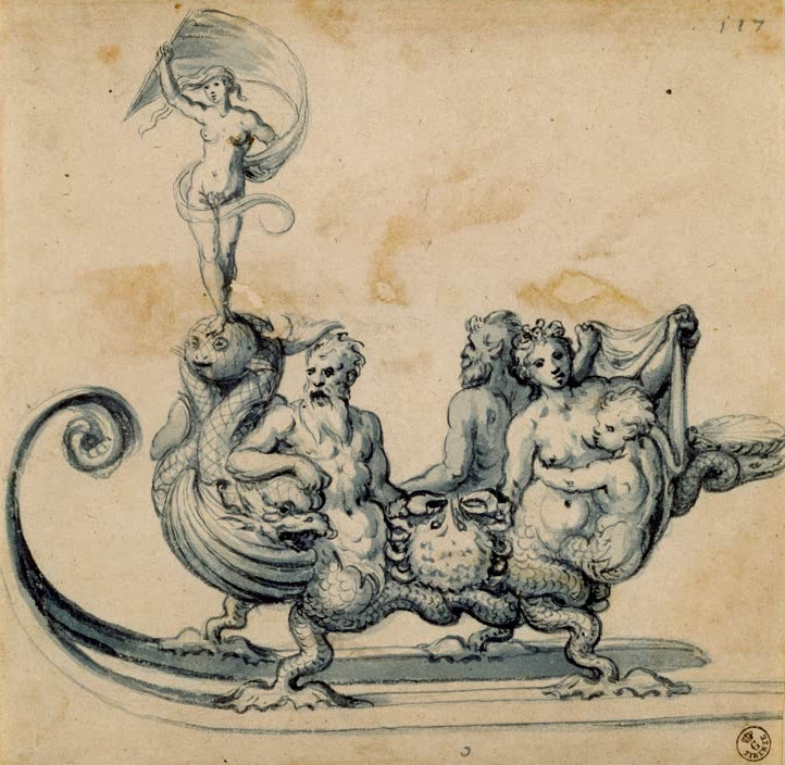 Kunstdruck „Entwurf eines Festschlittens“ von Giuseppe Arcimboldo mit einer fantasievollen, reich verzierten Schlittenstudie