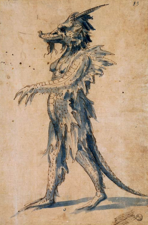 Kunstdruck „Entwurf eines Kostüms für den Zerberus“ von Giuseppe Arcimboldo mit fantasievoller Kostümstudie des dreiköpfigen Höllenhundes