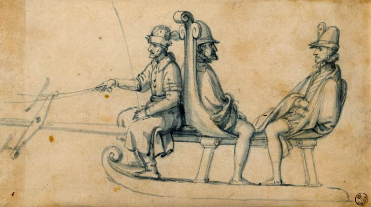 Kunstdruck „Entwurf eines Schlittens“ von Giuseppe Arcimboldo mit einer fantasievollen und detailreichen Schlittenstudie