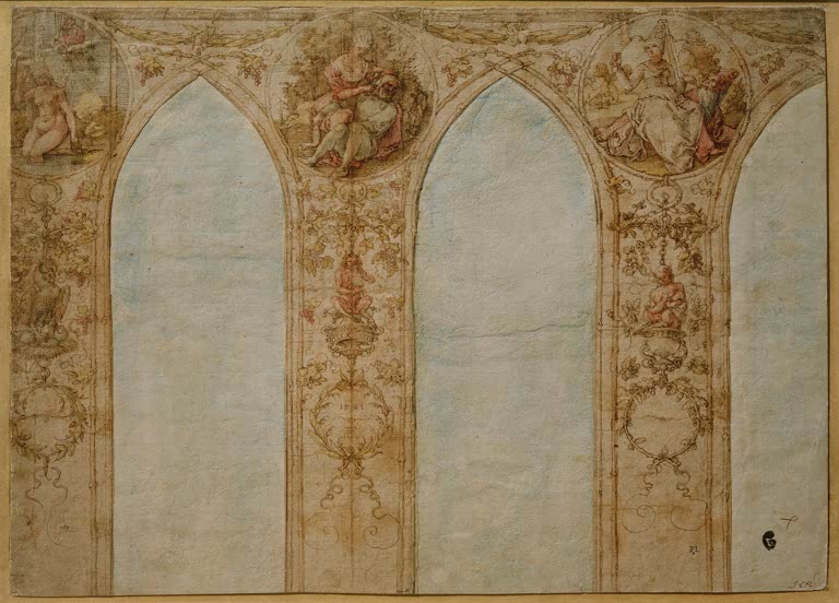 Kunstdruck von „Entwurf für die Dekoration des Großen Saals des Nürnberger Rathauses“ von Albrecht Dürer. Historischer Renaissance-Entwurf mit ornamentaler Gestaltung, in Deutschland handgefertigt.