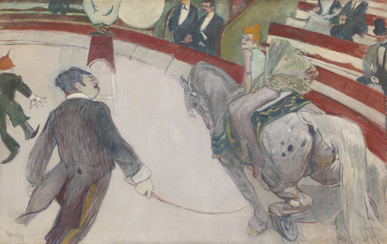 „Équestienne (At the Cirque Fernando)“ von Henri de Toulouse-Lautrec zeigt eine elegante Reiterin in Aktion während einer Zirkusaufführung, eingefangen in lebendigen Farben und dynamischen Pinselstrichen.